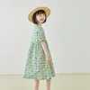 Robes de fille Style pastoral français robe d'été pour enfants col carré ruban fleur fragmentée bébé filles coton
