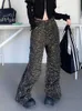 Damen Jeans 2000er Jahre Kleidung Y2K Mode Seitentaschen Leopard Baggy Cargohose für Frauen breites Bein gerades Kleid Dame Freizeithose