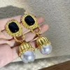 Dangle Earrings Women's Vintage Baroque Style Black Opal Gold Plated Ears Pendants Chic Jewelry Fancy Flower White Pearl Earring