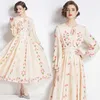 Designer Beige Party Floral Fited Dress Robe Lantern Sleeve Woman Designer O-Neck Slim Vacation Boho Maxi Dresses 2024 Spring Fall Elegant Runway Ruched Ballgown