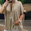 Women's T Shirts Summer Women Sequined T-Shirt Short-Sleeved Urban Casual Solid Shirt Tops V Neck Party Loose Pullover Blousa