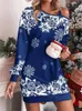 Casual Dresses Women Printed Christmas Dress Autumn Winter Fashion Snowflake Print Oblique Shoulder Elegant Female