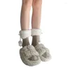 Calcetines de mujer de punto acanalado JK Princess Plush Ball Bow Furry Trim medio tubo pantorrilla