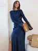 Sexy Backless Strapless Satin High Split Autumn Dres Flare Long Sleeve Ladies Elegant Slim Party Dresses 231020