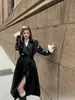 Женская кожаная куртка до колена в стиле Майяра из смесовой шерсти для женщин. Осенняя универсальная модная кожаная куртка на шнуровке с длинными рукавами 231220