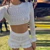 Survêtements pour femmes Imcute Femmes Summer Knit Shorts Tenues Solid Crew Col à manches longues Crop Tops Frills Taille haute 2 pièces Ensemble de vêtements