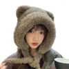 Berets cor sólida chapéu de inverno aconchegante urso orelha chapéus de pelúcia para mulheres crianças espessadas quentes à prova de vento proteção de renda