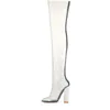 Sexy transparente PVC-High-Heels-Oberschenkelstiefel mit spitzer Zehenpartie und klobigen Kristallen für Damen, klar über dem Knie, für die Landebahn, Bühne 231220