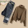 Zweiteilige Hosen der Frauen Herbst im Herbst Winter Vintage Pullover Denimhose 2 -teilige Anzug Korean elegant hohe Nackengestricke Pullover Jeans Matching Set 231219