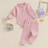 Clothing Sets Infant Baby Girl Spring Clothes Solid Color Ruffled Neck Romper With Elastic Waist Pants 2 Pcs Outfit