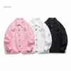 Herrjackor Autumn Spring Retro Destory Wash Hole Solid Denim Jacket Pink White Black Jaqueta Jeans Streetwear Slim Fit Chaqueta Hombre Coatl231026