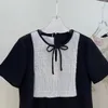 Womens Dress European Fashion Brand Crew Neck Black and White Color Patchwork pärlstav med kortärmad klänning