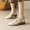 Dress Shoes T-strap Block Sandals Women 2023 With Chunky Heel Vintage Weave For Genuine Leather Fashion Summer Toe Flat