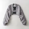 Damesjassen Korte Cropped Bomber Dames Effen Zwart Grijs Korea Vintage Gevouwen Mouw Tops Vrouwelijke Lente Herfst Uitloper 2023