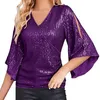 Kvinnor Bluses Womens Sequin Tops 3/4 Sleeve Glitter Sparkly Party Blus V Neck Loose Fit Tees Shirts Compression Shirt Woman Woman