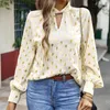 Women's Blouses Starry Sky Tunics Elegant Chiffon Stand Up Collar Puff Sleeves Tees Women Long Sleeve T Shirts For Cotton