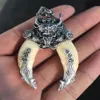 Ciondolo talismano protettivo cinese antico dente di cinghiale maiale selvatico drago d'argento261g