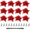 Decorative Flowers Poinsettia Christmas Glitter Artificial Clips Stems Tree Ornaments Diy Xmas