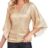 Damenblusen, Damen-Paillettenoberteile, 3/4-Ärmel, glitzernde, glitzernde Partybluse, V-Ausschnitt, lockere Passform, T-Shirts, Hemden, Kompressionsshirt für Damen