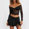 Mulheres Camisetas Puloru 2024 Sexy See-Through Lace Sheer Crop Tops Off-Ombro Manga Longa Skinny Nightclub Bar Básico