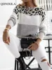 Suéteres de mujer 2023 Otoño Invierno Color estampado de leopardo suéter de mujer tejido de manga larga Top moda coreana ropa de calle de gran tamaño Vintage PulloverL23144