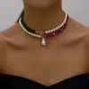 Smyckeslådor 2023 Trend Elegant Wedding Big Pearl Necklace for Women Fashion Imitation Green Rose Color Stone Choker 231219