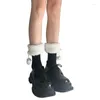 Calcetines de mujer de punto acanalado JK Princess Plush Ball Bow Furry Trim medio tubo pantorrilla