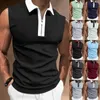 T-shirts pour hommes, couleur unie, fermeture éclair à revers, haut sans manches, col polo, fermeture éclair