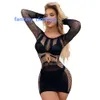 Nova manga longa senhora lingerie preto oco elástico mini vestido feminino despojado roupa interior sexy