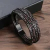 Charme pulseiras estilo étnico preto fosco fivela magnética de alta qualidade multi-camada trançada couro homens boêmio retro jóias pulseira