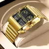 Orologi da polso FOXBOX Top Brand Luxury Fashion Uomo Orologi Oro Acciaio inossidabile Sport Quadrato digitale analogico Grande orologio al quarzo per uomo 231219