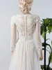 Vestido de noiva vintage de renda e linha com ilusão de mangas compridas com forro champanhe leve para mulheres com fecho de botão Robe De Mariee vestido de noiva