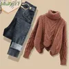 Zweiteilige Hosen der Frauen Herbst im Herbst Winter Vintage Pullover Denimhose 2 -teilige Anzug Korean elegant hohe Nackengestricke Pullover Jeans Matching Set 231219