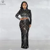 Werkjurken VAZN 2023 High Street Style Damessets Lange mouw Ronde hals Korte top Elastisch Vloerlengte Rok Pure Kleur Dame Tweedelige