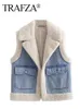 TRAFZA Women Faux Sheepskin Fur Waistcoat Autumn Winter Chic Lady Denim Vest Woman Sleeveless V Neck Jacket Waistcoats 231020