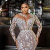 Plus Size Aso Ebi Wedding Dresses Mermaid Elegant Long Sleeves Sheer Neck Lace Beaded Bridal Dress for African Black Women with Detachable Train Bridal Gowns CDW061