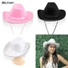 Beanie Skull Caps Western Cowboy Hat Fashion Adjustable Drawstring Tassel Cowgirl Solid Color Wide Brim Party Jazz Topper 231219