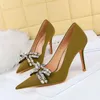 Dress Shoes Large Size 34-43 Crystal Bowknot Fashion Women Pumps Silk Wedding Autumn Pointed Toe 10CM Thin High HeelsDress