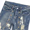 Herenjeans Heren Gescheurd gat Patchwork Klinknagel Slim Fit Punkstijl Gewassen potlooddenimbroek Hiphopbroek