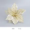 Decoraciones navideñas 5 unids / lote 2021 22 cm Glitter Poinsettia Flores artificiales Adorno de árbol Feliz fiesta Suministros 1303f