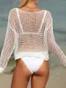 Mulheres Swimwear Crochet Knit Bikini Swim Cover Up Top para Mulheres Sexy Oco Out Manga Longa Praia Túnica 2023 Verão Beachwear Exterior