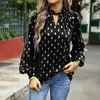 Women's Blouses Starry Sky Tunics Elegant Chiffon Stand Up Collar Puff Sleeves Tees Women Long Sleeve T Shirts For Cotton