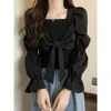 Neploe Chic Velvet Bow Shirts Korean Spring Temperament Blauses Women Turn-Down Collar Puff Sleeve Kort Vita blus TOPS 4H315 210422