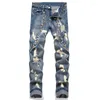 Herenjeans Heren Gescheurd gat Patchwork Klinknagel Slim Fit Punkstijl Gewassen potlooddenimbroek Hiphopbroek