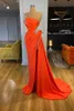 Chic Coral Evening Dresses Sexy Thigh Slit One Shoulder Evening Prom Gowns Arabic Aso Ebi Silver Sequins Rhinestones Formal Party Wear Women Robe de Soiree CL0139