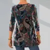Damskie bluzki z długimi rękawem Kobiety Top Vintage Print Bluzka z Linia A dla miękkiej koszulki pullover z okrągłym szyjką na środkową długość