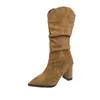 Boots Midcalf Woman 2024 Slipon pekade Western Cowboy Retro Fashion Pleated High Y Heel Booties 231219