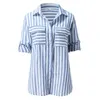 Kvinnors blusar Loose Top For Women Casual Stripe Print V Neck Button Pocket Roll Up ärmar Blus Temperament Kläder Bluesas Roupas