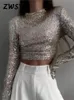 Sequins Sexy Crop Top Women Silver O neck Long Sleeve Slim T shirt 2023 Winter Fashion Party Club Solid Match All Ladies Tshirts 231020