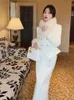 High end White Blazer Skirt Suit for Women Elegant 2 piece Set Double Breasted Fur Cuffs Coat Irregular Button Midi Dress 231220